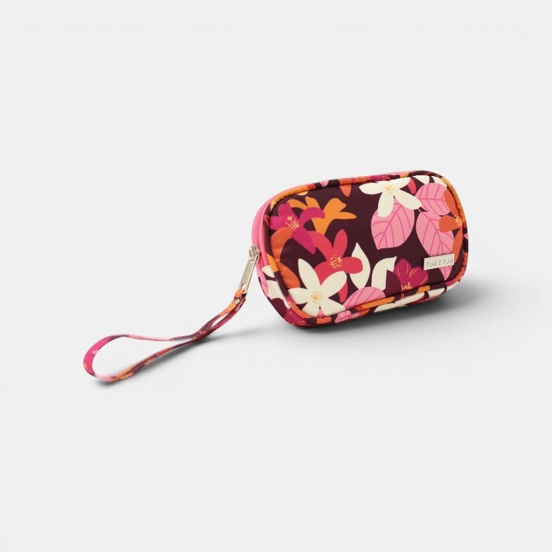 Cartera de mano floral tuá e muá con cremallera rosa y correa, ideal para llevar el teléfono y tarjetas.