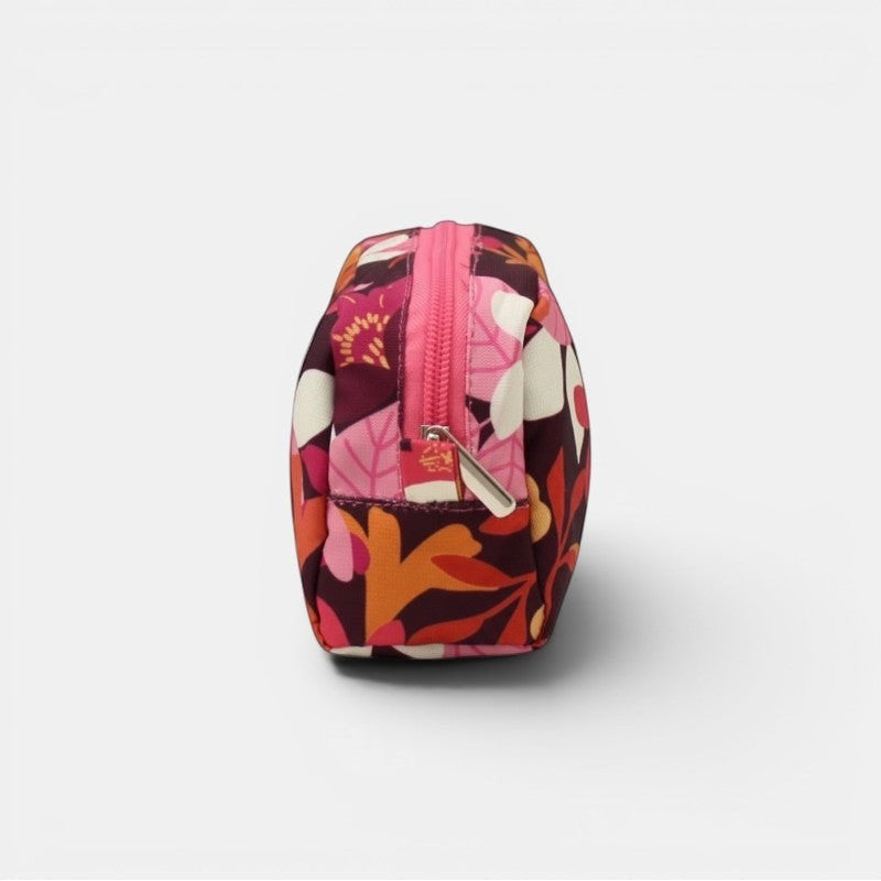 Cosmetiquera Elena de tuá e muá con estampado floral en tonos burdeos, rosa y naranja. Hecha de poliéster repelente a la humedad.