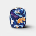 tuá e muá navy blue floral print organizer pouch with orange and white flowers, front pocket, and zipper closure.