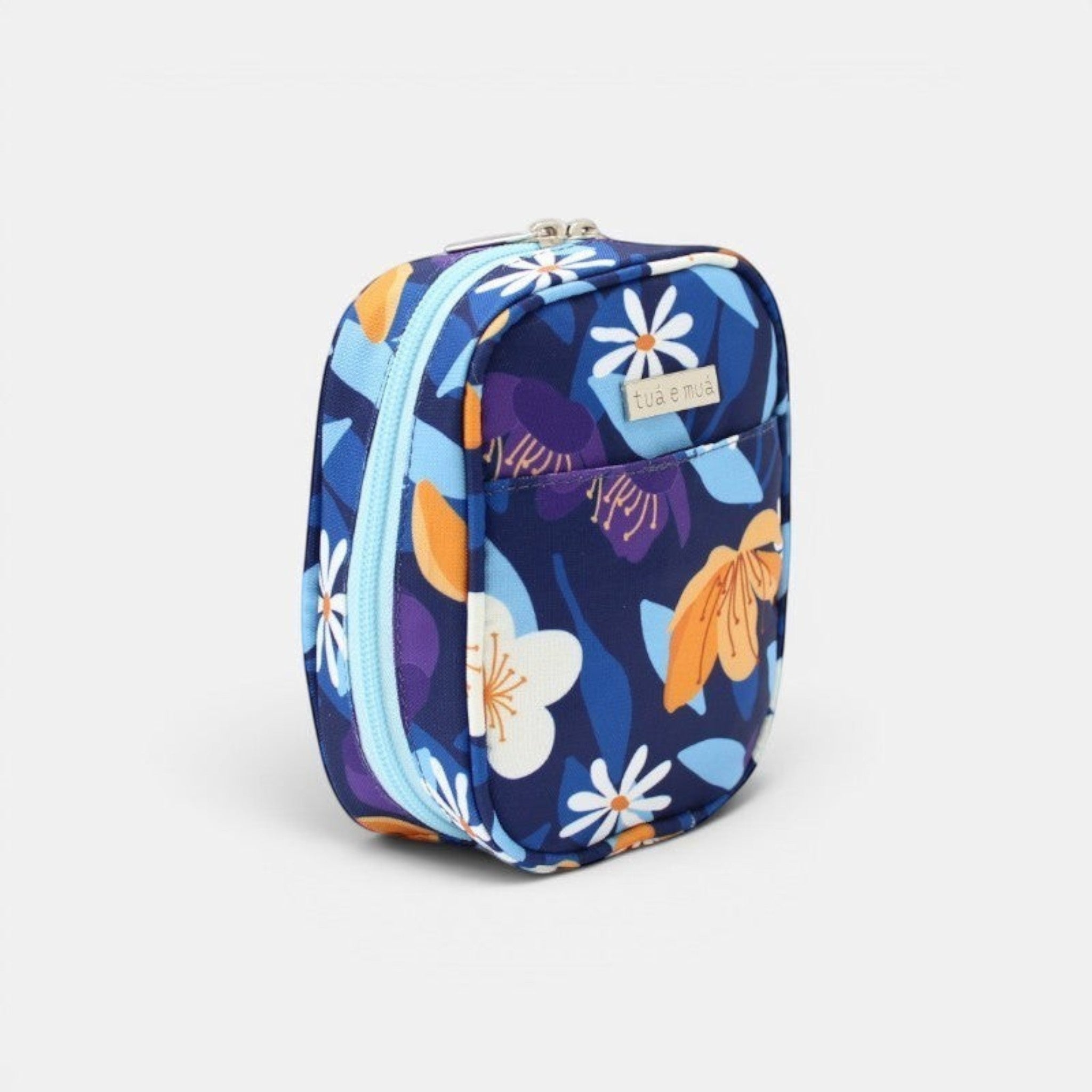 tuá e muá navy blue floral print organizer pouch with light blue zipper and white and orange flowers