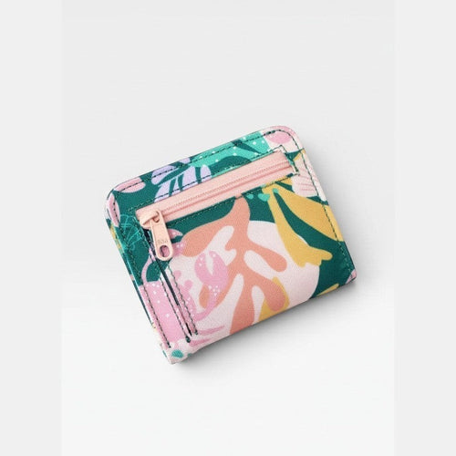 tuá e muá Kyla mini wallet with a colorful abstract floral print and pink zipper.