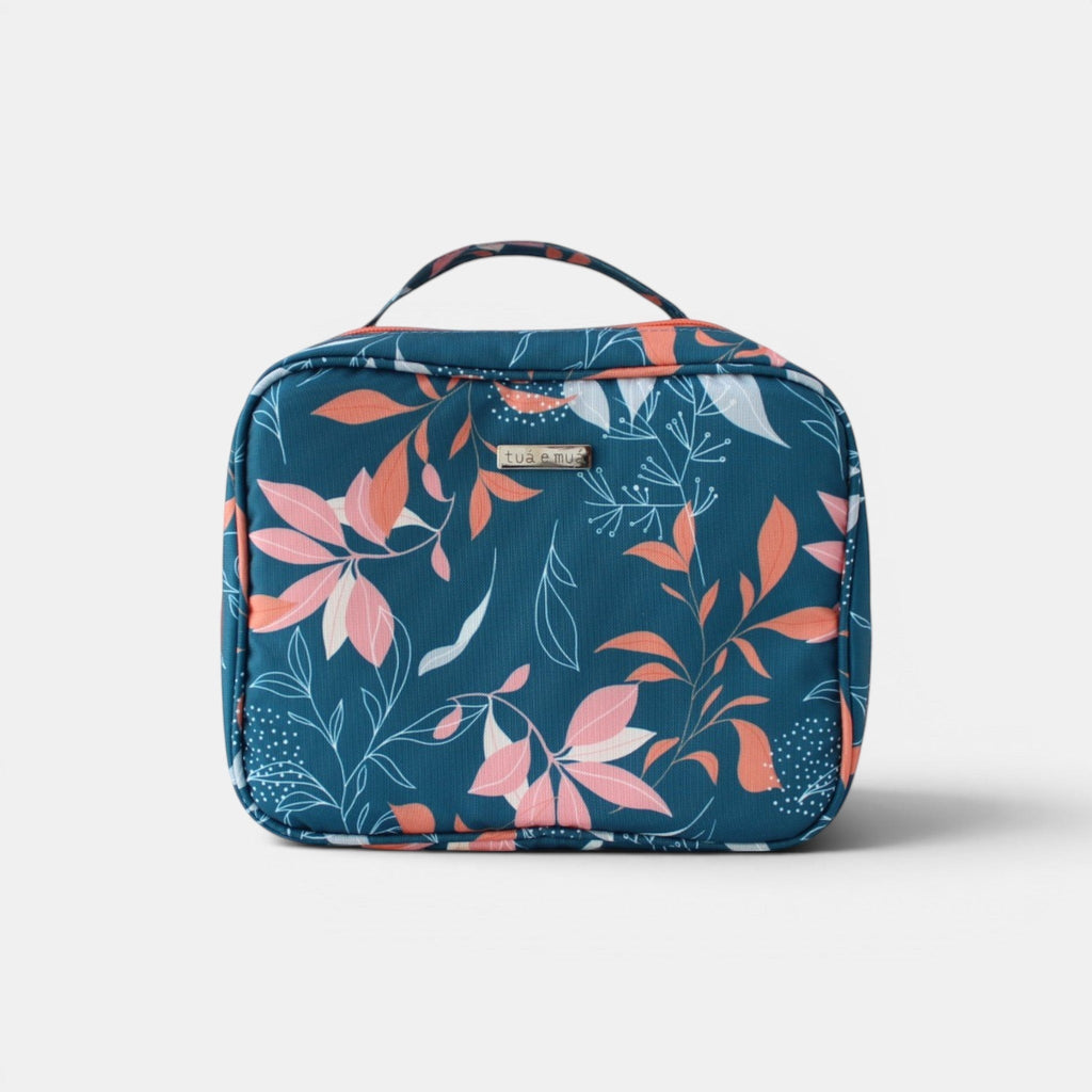 Neceser Evelyn de tuá e muá con estampado floral azul, rosa y naranja. Dos bolsillos con cremallera y compartimento extra.