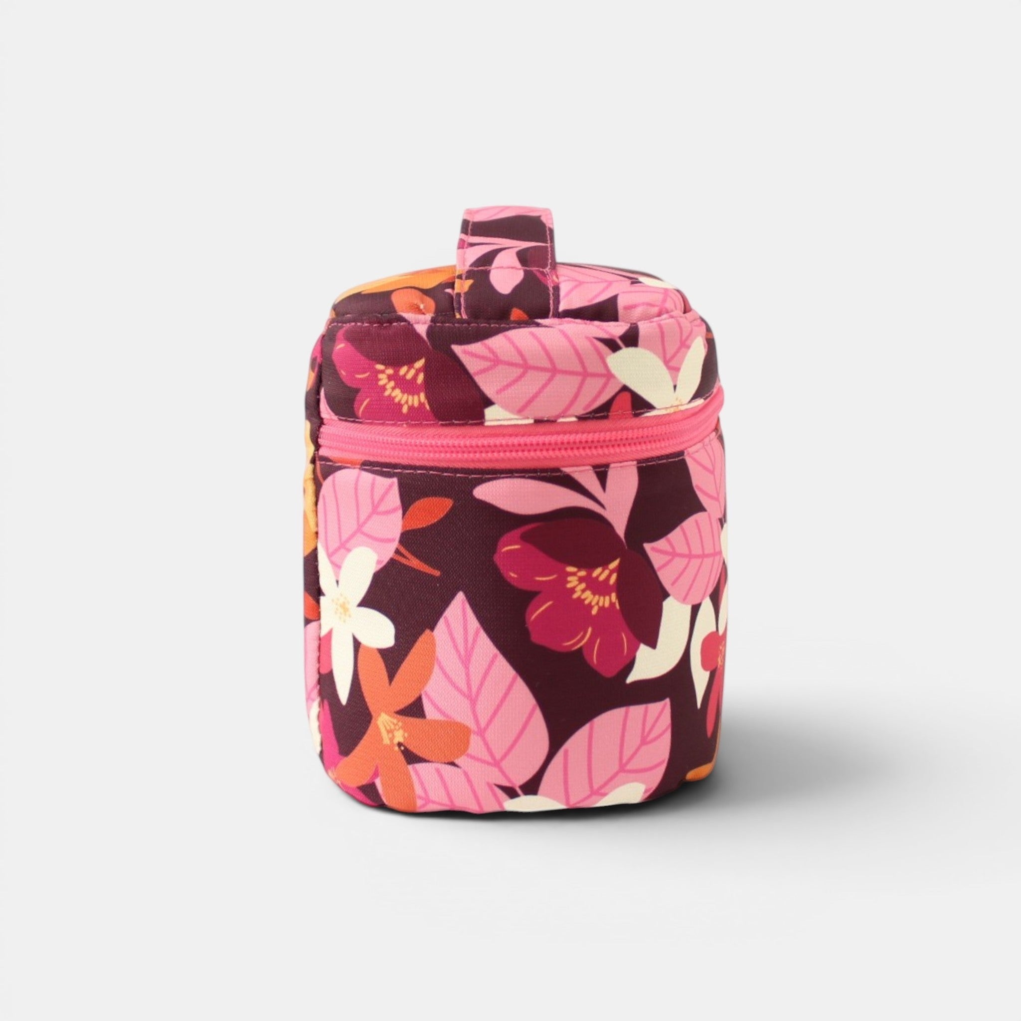 Neceser cilíndrico floral de tuá e muá en burdeos con flores rosas, fucsias, blancas y naranjas. Cremallera fucsia.